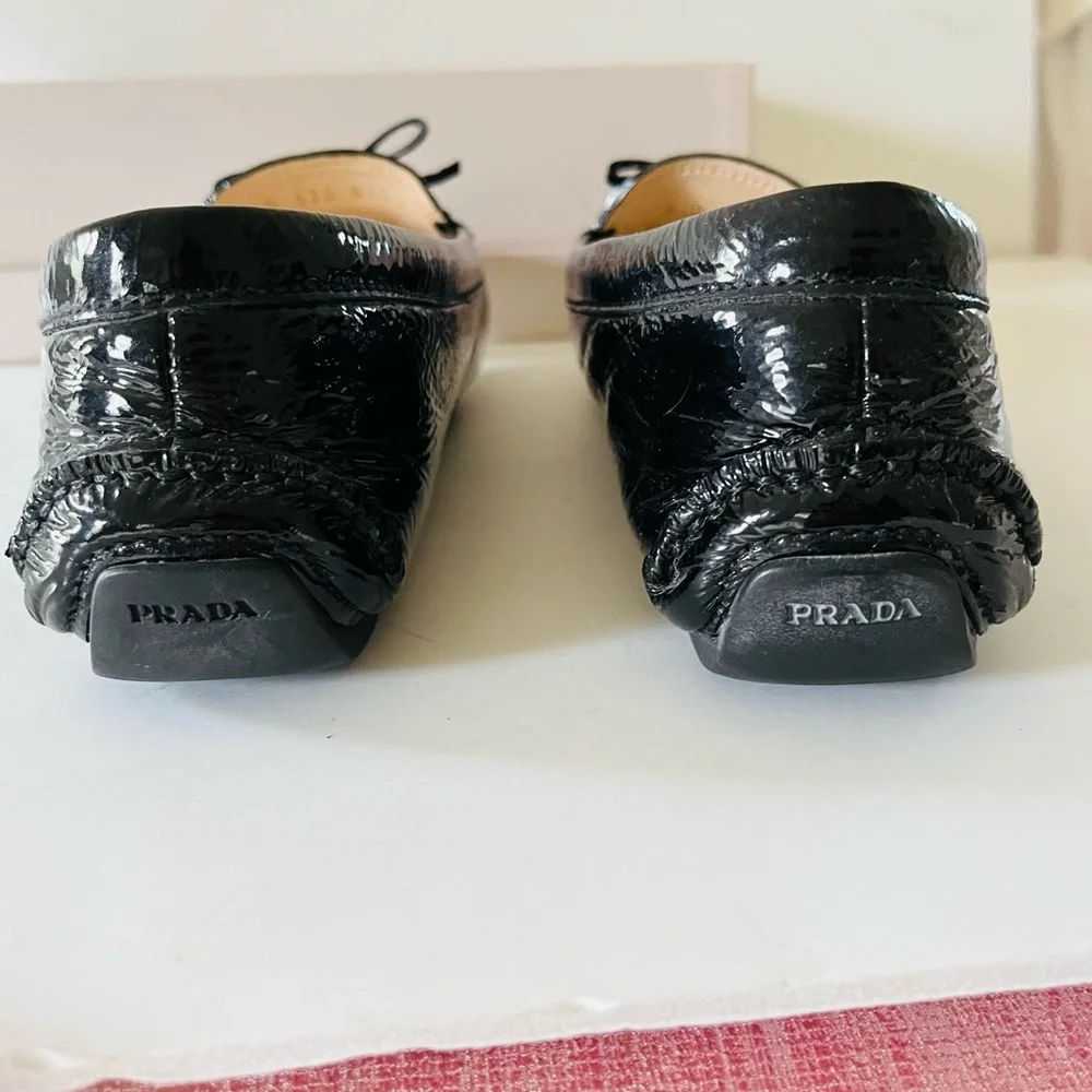 Prada black patent leather driving shoes loafers 38
